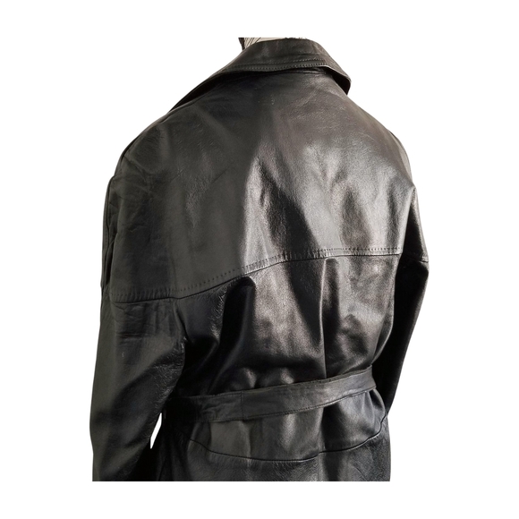 60s Black Leather Trench Coat with Belt and Wide Collar - Picture 4 of 10